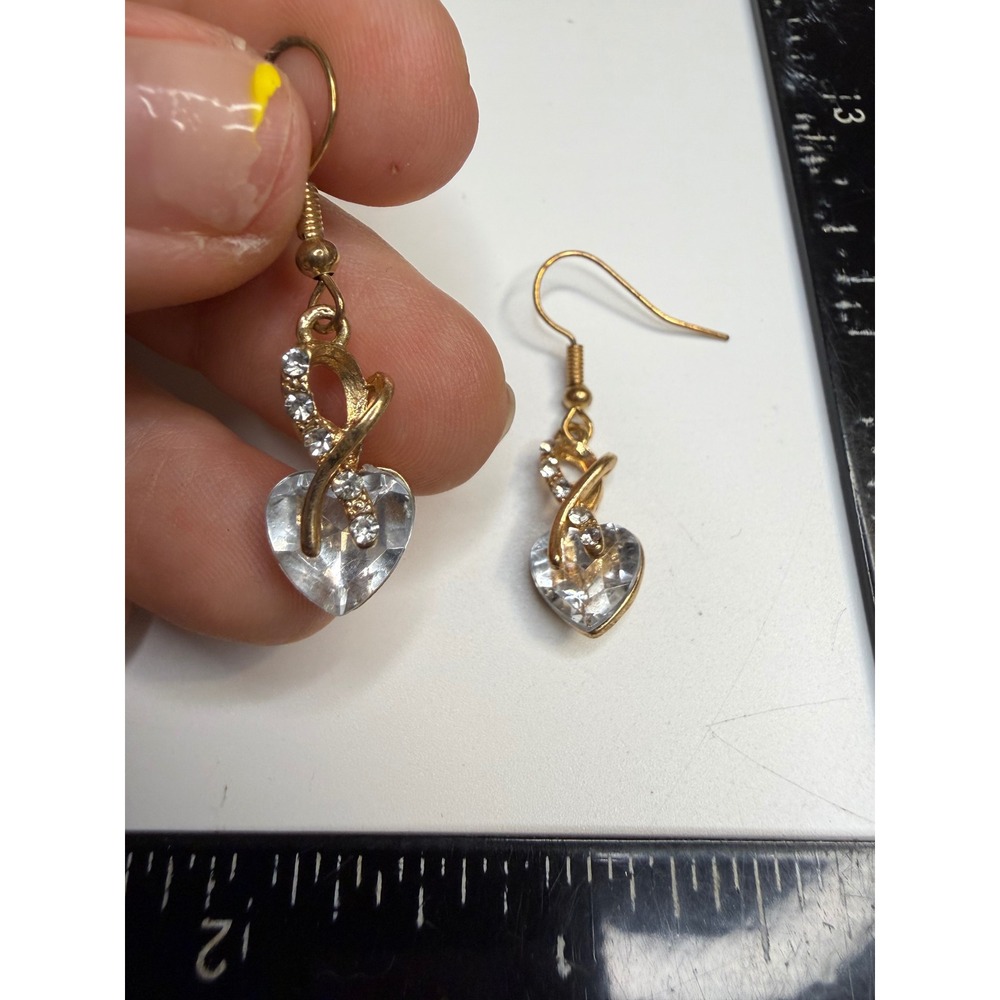 Gold Tone Clear Crystal Heart Drop Earrings Rhinestone Infinity Twist Dangle